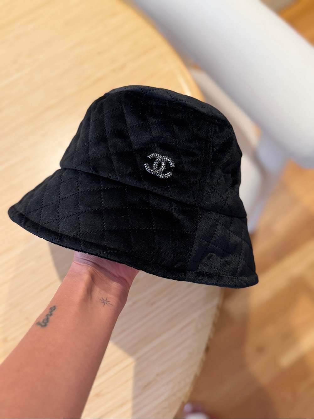 NWOT Designer Black Quilted Bucket Hat with CC Logo